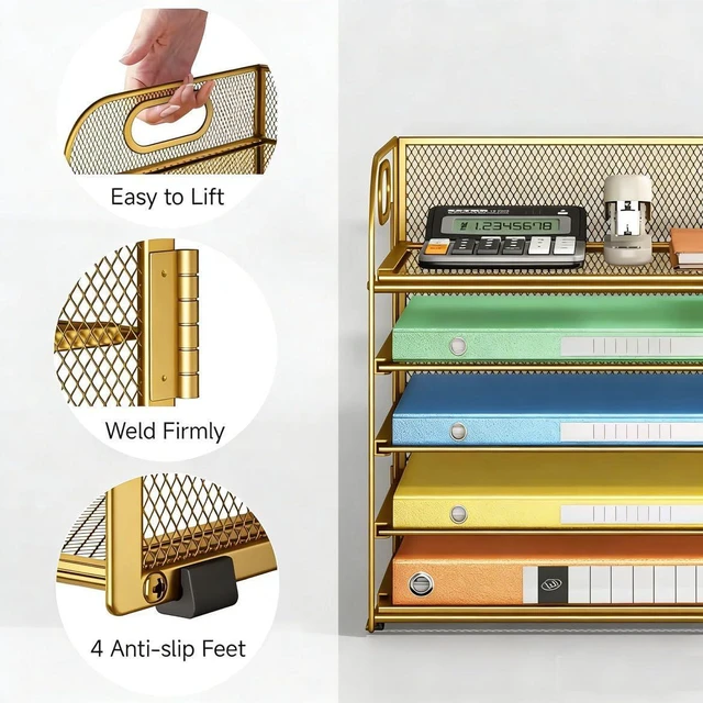 Alt view image 2 of 5 - Desk Paper Organizer Trays, Gold 5-Tier Mesh File Folder Sorter with Handles, Letter Holder Organizer for Office, Home, School Supplies Storage & Organization
