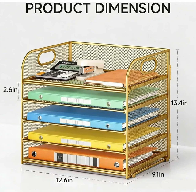Alt view image 4 of 5 - Desk Paper Organizer Trays, Gold 5-Tier Mesh File Folder Sorter with Handles, Letter Holder Organizer for Office, Home, School Supplies Storage & Organization