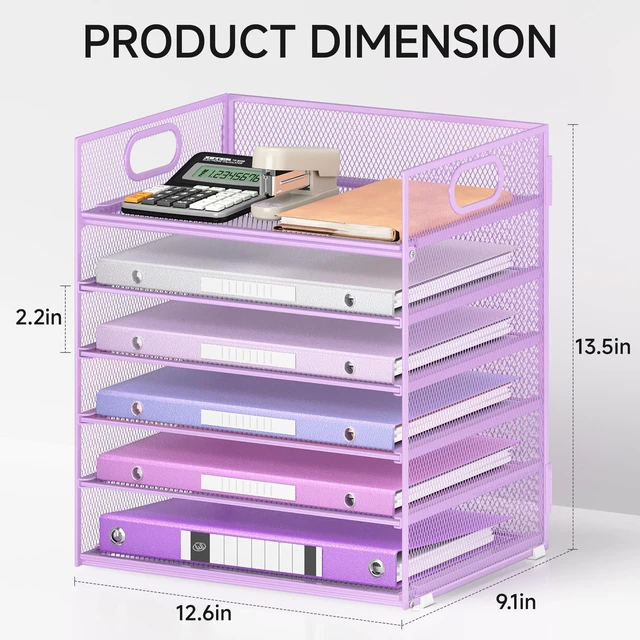 Alt view image 2 of 6 - 6 Tiers Letter Tray Paper Organizer with Handle, Mesh Desk File Organizer, Metal Desktop Document Shelf Organization, Paper Sorter Organizer for Office, Home or School File Folder Holder - Purple