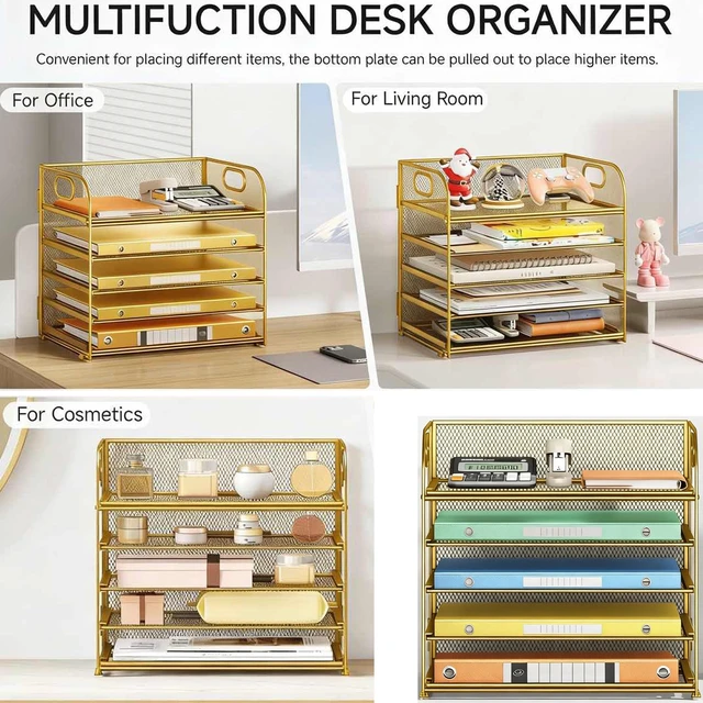 Alt view image 5 of 5 - Desk Paper Organizer Trays, Gold 5-Tier Mesh File Folder Sorter with Handles, Letter Holder Organizer for Office, Home, School Supplies Storage & Organization