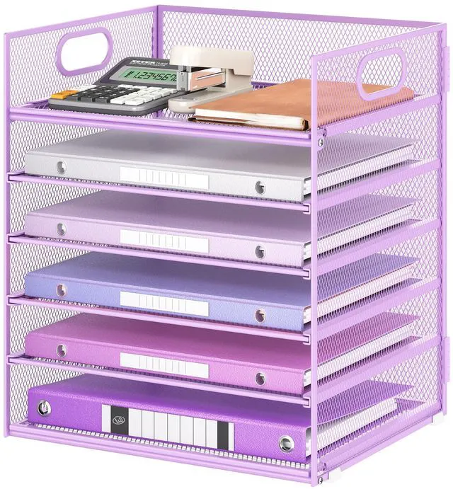 Main image of 6 Tiers Letter Tray Paper Organizer with Handle, Mesh Desk File Organizer, Metal Desktop Document Shelf Organization, Paper Sorter Organizer for Office, Home or School File Folder Holder - Purple