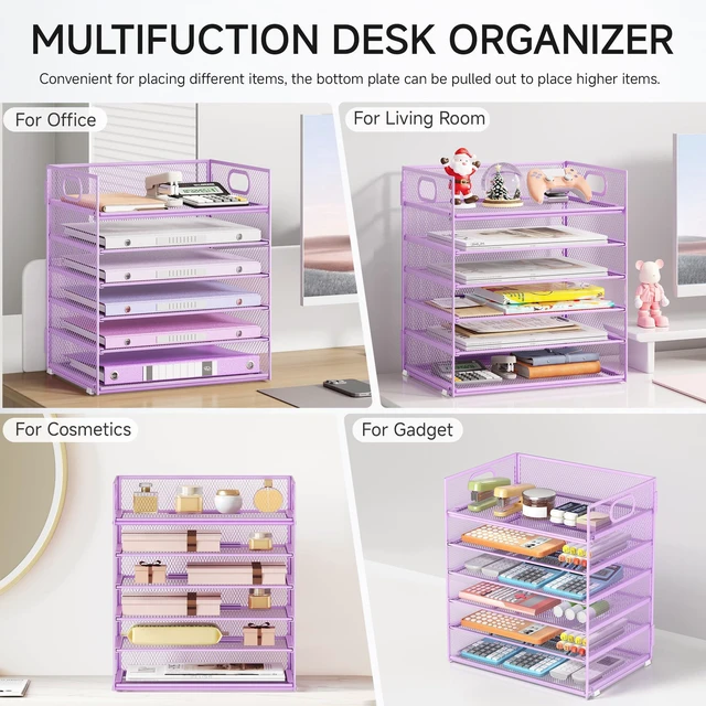 Alt view image 5 of 6 - 6 Tiers Letter Tray Paper Organizer with Handle, Mesh Desk File Organizer, Metal Desktop Document Shelf Organization, Paper Sorter Organizer for Office, Home or School File Folder Holder - Purple