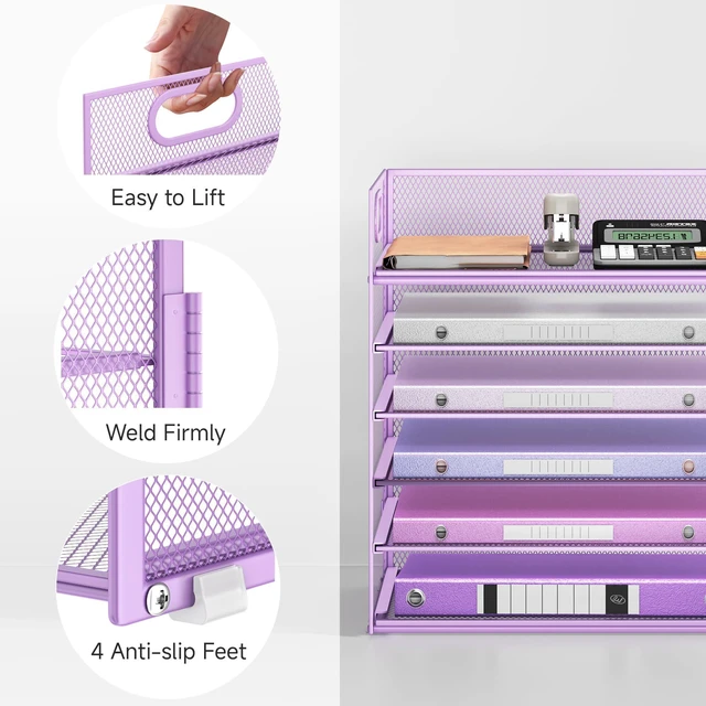 Alt view image 3 of 6 - 6 Tiers Letter Tray Paper Organizer with Handle, Mesh Desk File Organizer, Metal Desktop Document Shelf Organization, Paper Sorter Organizer for Office, Home or School File Folder Holder - Purple