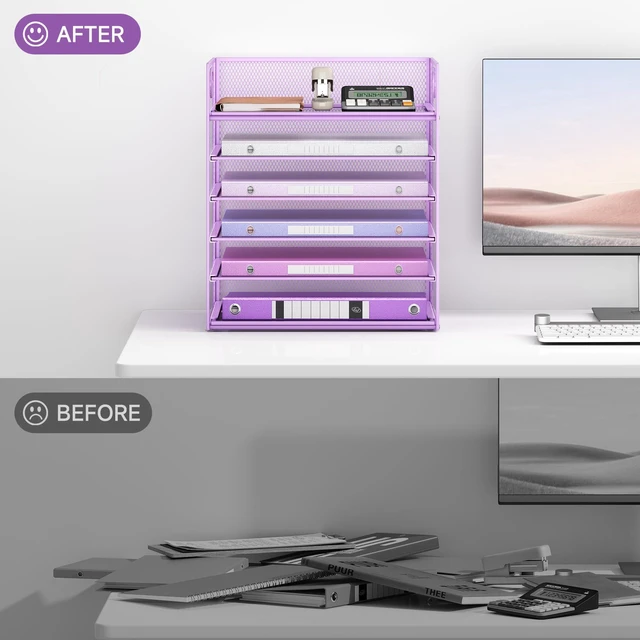 Alt view image 4 of 6 - 6 Tiers Letter Tray Paper Organizer with Handle, Mesh Desk File Organizer, Metal Desktop Document Shelf Organization, Paper Sorter Organizer for Office, Home or School File Folder Holder - Purple