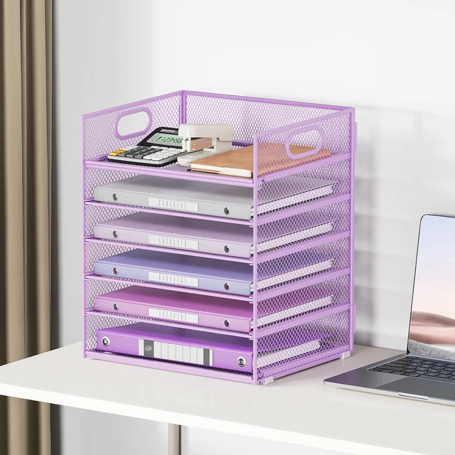 Alt view image 6 of 6 - 6 Tiers Letter Tray Paper Organizer with Handle, Mesh Desk File Organizer, Metal Desktop Document Shelf Organization, Paper Sorter Organizer for Office, Home or School File Folder Holder - Purple