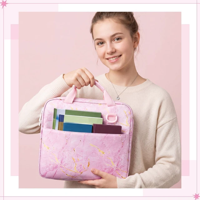 Alt view image 6 of 6 - Zipper Binder Folder Keeper with Strap 2", 3 Ring, Pink, Marble Coquette Multi-Pocket Zipper Bag, Fabric, 13" Laptop 5-Tab Expanding File Folder, Women Men, Office Middle High School