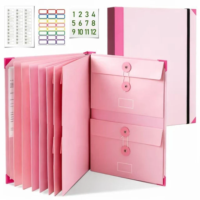 Main image of Important Document Organizer with Tabs & Pockets for Family Records, Pink Important document storage,Labeled tabs & pockets,Quick document access,Compact home filing,Emergency preparedness