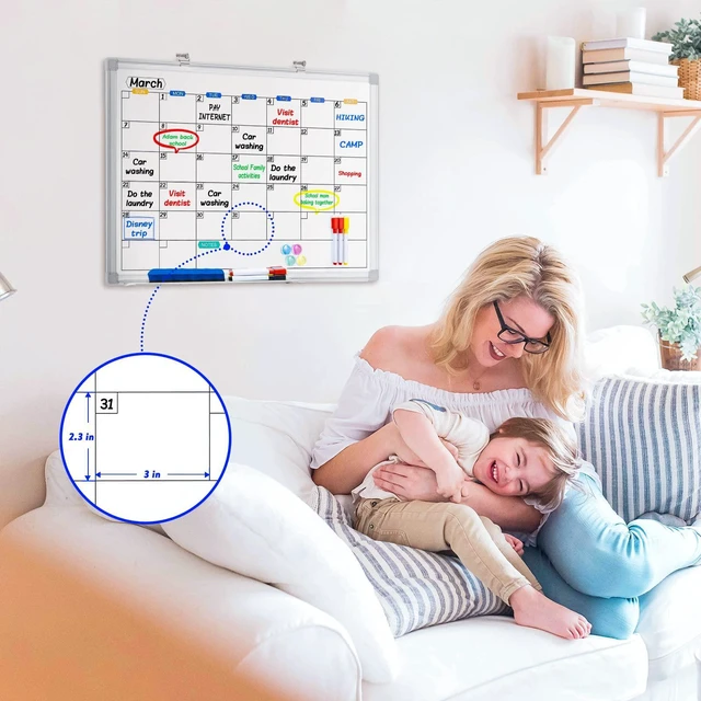 Alt view image 6 of 7 - White Board Calendar Dry Erase for Wall, 24" x 18" Aluminum Frame Magnetic Monthly Planner Board, Wall Mounted or Hanging. Calendar Design Suitable for Daily Planning of Home, Office, Class