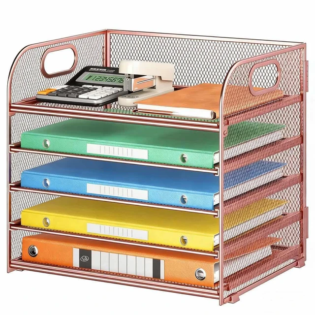 Main image of 5 Tray Paper Organizer Letter Tray with Handle - Mesh Desk File Organizer, Paper Sorter Organizer for Office, Home or School File Folder Holder - Rose Gold