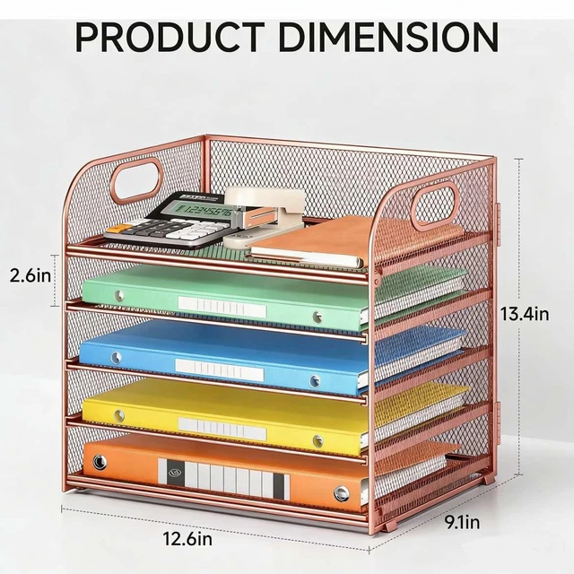 Alt view image 2 of 6 - 5 Tray Paper Organizer Letter Tray with Handle - Mesh Desk File Organizer, Paper Sorter Organizer for Office, Home or School File Folder Holder - Rose Gold