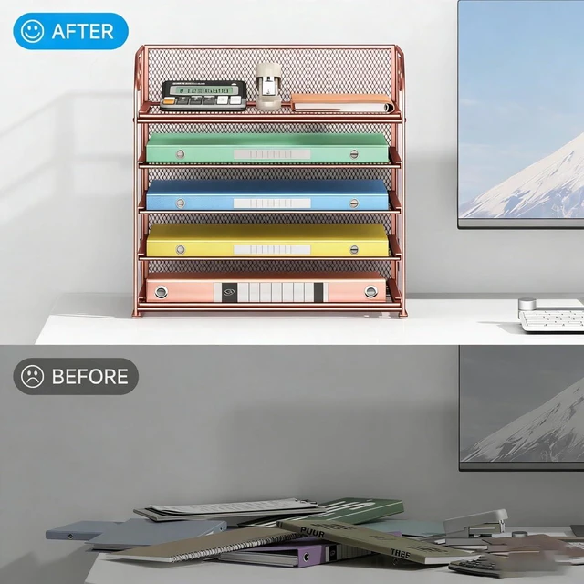 Alt view image 3 of 6 - 5 Tray Paper Organizer Letter Tray with Handle - Mesh Desk File Organizer, Paper Sorter Organizer for Office, Home or School File Folder Holder - Rose Gold