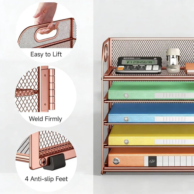 Alt view image 4 of 6 - 5 Tray Paper Organizer Letter Tray with Handle - Mesh Desk File Organizer, Paper Sorter Organizer for Office, Home or School File Folder Holder - Rose Gold