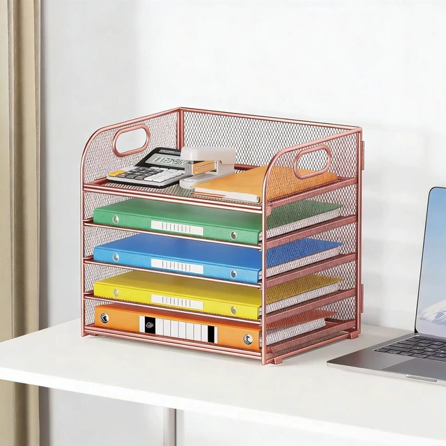 Alt view image 5 of 6 - 5 Tray Paper Organizer Letter Tray with Handle - Mesh Desk File Organizer, Paper Sorter Organizer for Office, Home or School File Folder Holder - Rose Gold