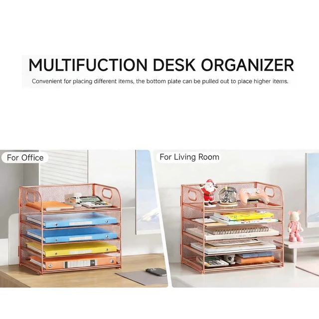 Alt view image 6 of 6 - 5 Tray Paper Organizer Letter Tray with Handle - Mesh Desk File Organizer, Paper Sorter Organizer for Office, Home or School File Folder Holder - Rose Gold