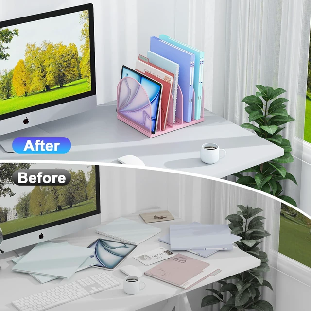 Alt view image 2 of 7 - Desktop File Organizer with 5 Compartments Desk Organizer Paper Organizer for Desk Workspace Organizers for Office Supplies (Pink)