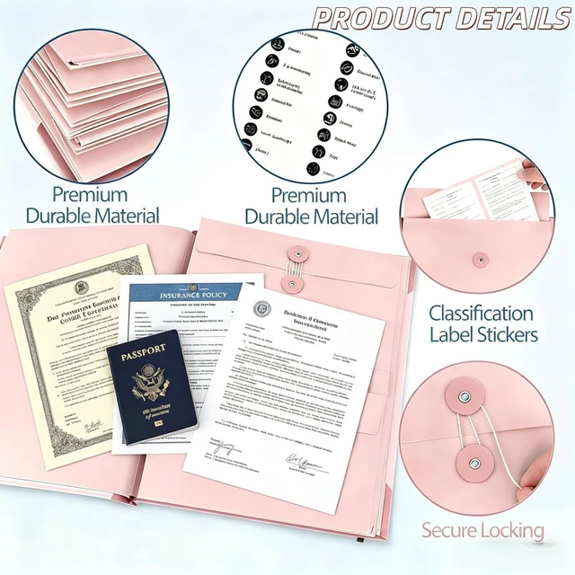 Alt view image 3 of 6 - Important Document Organizer with Tabs & Pockets for Family Records, Pink Important document storage,Labeled tabs & pockets,Quick document access,Compact home filing,Emergency preparedness