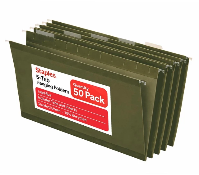 Main image of Hanging File Folders, Legal Size, 1/5-Cut Tabs, Green, 50/Pack Reinforced top for durability; organizes documents in standard-size drawers
