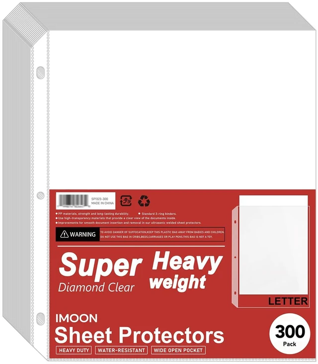 Main image of Super Heavyweight 3-Hole Letter Size Sheet Protectors - High Transparency Plastic Heavy Duty Sleeves for 3 Ring Binders, Archival Safe, Durable Page Protectors for Documents, 8.5x11 Inch (300 Pack)
