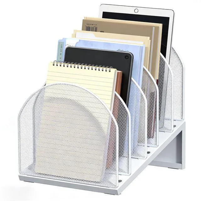 Main image of Desktop File Organizer with 5 Compartments Desk Organizer Paper Organizer for Desk Workspace Organizers for Office Supplies (White)