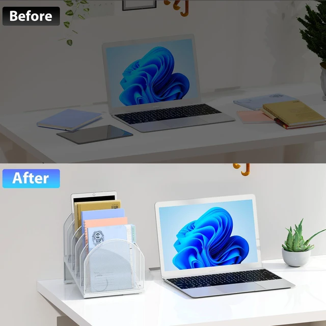 Alt view image 2 of 7 - Desktop File Organizer with 5 Compartments Desk Organizer Paper Organizer for Desk Workspace Organizers for Office Supplies (White)