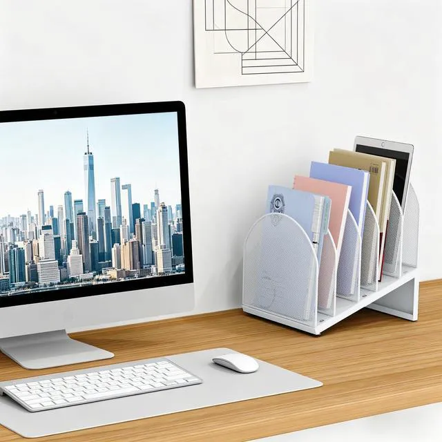 Alt view image 3 of 7 - Desktop File Organizer with 5 Compartments Desk Organizer Paper Organizer for Desk Workspace Organizers for Office Supplies (White)