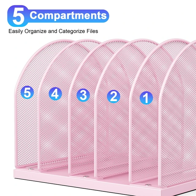 Alt view image 5 of 7 - Desktop File Organizer with 5 Compartments Desk Organizer Paper Organizer for Desk Workspace Organizers for Office Supplies (Pink)