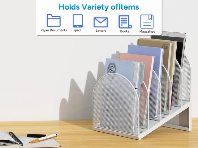 Alt view image 7 of 7 - Desktop File Organizer with 5 Compartments Desk Organizer Paper Organizer for Desk Workspace Organizers for Office Supplies (White)