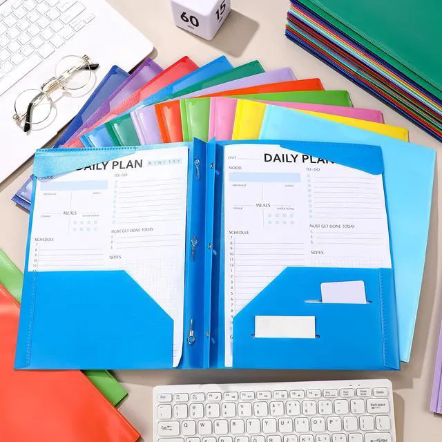 Alt view image 4 of 7 - 48 Plastic Folders with 3 Prongs Bulk, Stylish Colors Heavy Duty Folders with Clear Front Pockets and Card Slots Folder with Fasteners Fit Letter-size Paper for Work School Office