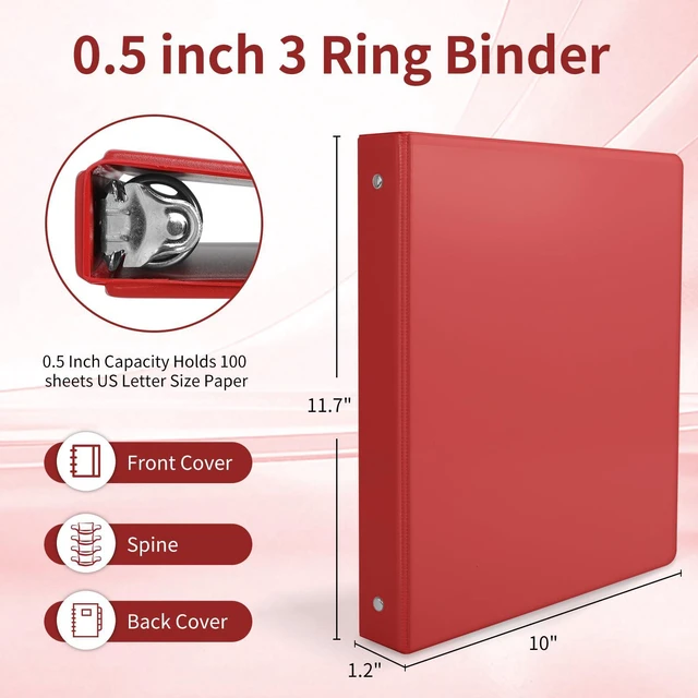 Alt view image 2 of 5 - 0.5 Inch 3 Ring Binders, 12 Pack Assorted Color Binders with Clear View Covers and 2 Interior Pockets, 1/2 Inch Round Ring Binders Holds 100 Sheets, for School, Office and Home