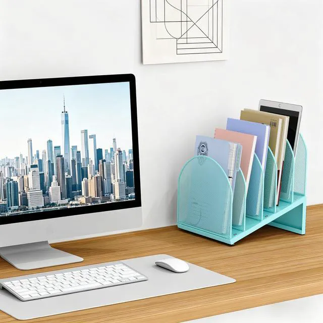 Alt view image 3 of 7 - Desktop File Organizer with 5 Compartments Desk Organizer Paper Organizer for Desk Workspace Organizers for Office Supplies (Blue)