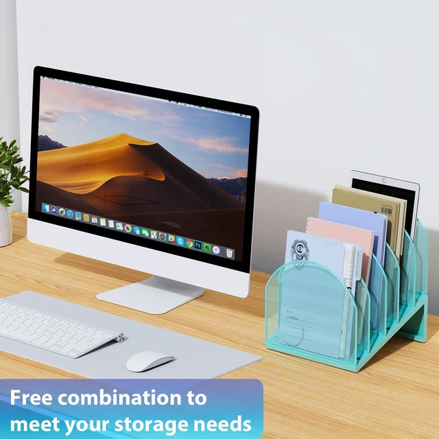 Alt view image 5 of 7 - Desktop File Organizer with 5 Compartments Desk Organizer Paper Organizer for Desk Workspace Organizers for Office Supplies (Blue)