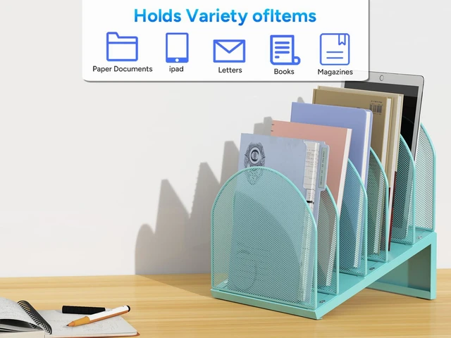 Alt view image 7 of 7 - Desktop File Organizer with 5 Compartments Desk Organizer Paper Organizer for Desk Workspace Organizers for Office Supplies (Blue)