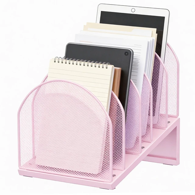 Main image of Desktop File Organizer with 5 Compartments Desk Organizer Paper Organizer for Desk Workspace Organizers for Office Supplies (Pink)
