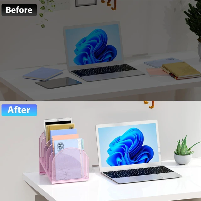 Alt view image 2 of 7 - Desktop File Organizer with 5 Compartments Desk Organizer Paper Organizer for Desk Workspace Organizers for Office Supplies (Pink)