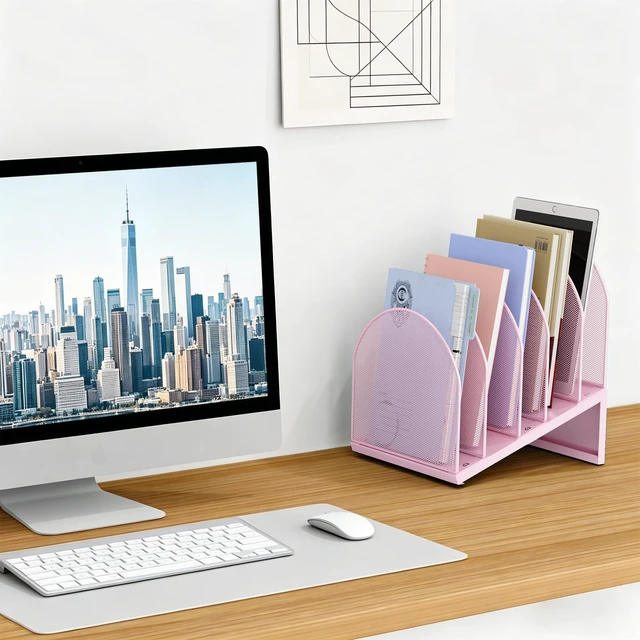 Alt view image 3 of 7 - Desktop File Organizer with 5 Compartments Desk Organizer Paper Organizer for Desk Workspace Organizers for Office Supplies (Pink)