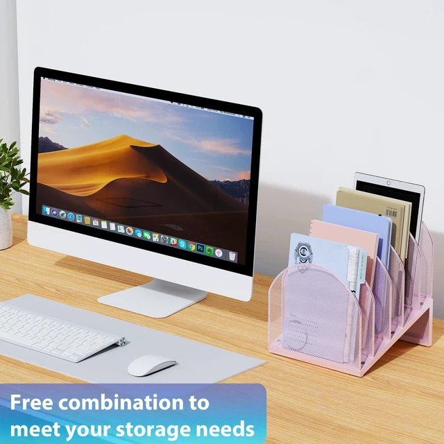 Alt view image 5 of 7 - Desktop File Organizer with 5 Compartments Desk Organizer Paper Organizer for Desk Workspace Organizers for Office Supplies (Pink)
