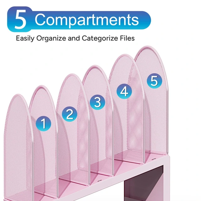 Alt view image 6 of 7 - Desktop File Organizer with 5 Compartments Desk Organizer Paper Organizer for Desk Workspace Organizers for Office Supplies (Pink)