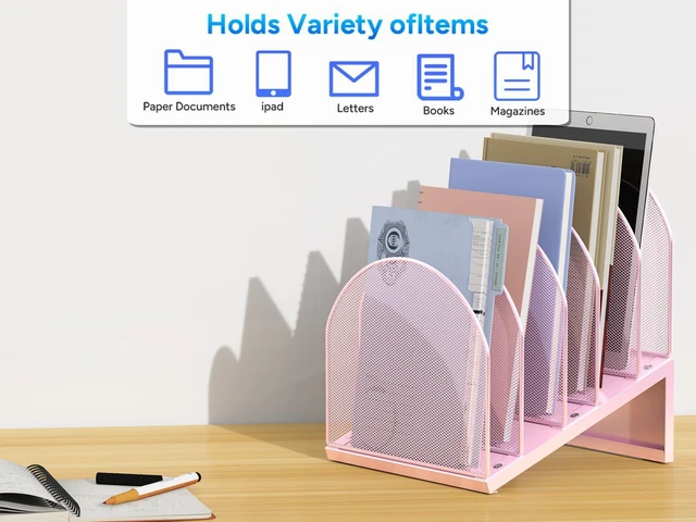 Alt view image 7 of 7 - Desktop File Organizer with 5 Compartments Desk Organizer Paper Organizer for Desk Workspace Organizers for Office Supplies (Pink)