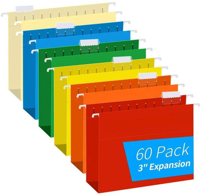 Main image of Extra Capacity Hanging File Folders, 60 Pack Letter Size Reinforced Hanging Folders with Heavy Duty 3 Inch Expansion for Bulky Files, Filing Cabinet, Adjustable Tabs, Assorted Colors