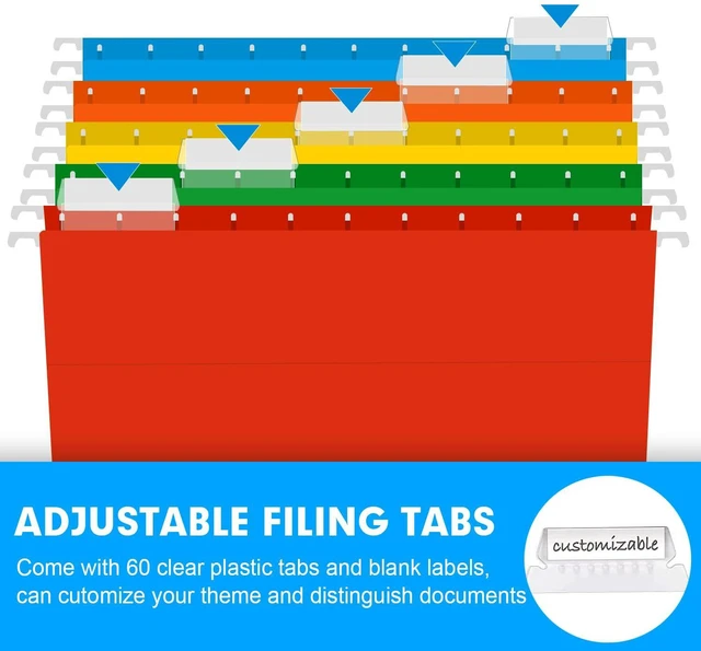 Alt view image 6 of 7 - Extra Capacity Hanging File Folders, 60 Pack Letter Size Reinforced Hanging Folders with Heavy Duty 3 Inch Expansion for Bulky Files, Filing Cabinet, Adjustable Tabs, Assorted Colors