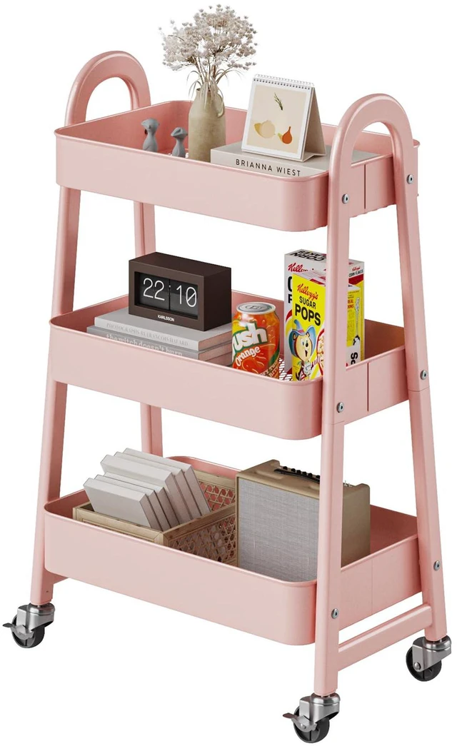 Main image of 3 Tiers Rolling Cart, Utility Cart, Metal, Pink Mobile Storage, Lockable Wheels, Utility Shelving Unit, Kitchen, Bathroom, Laundry, Narrow Places