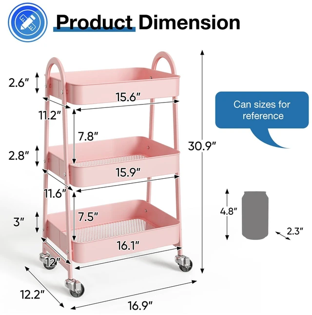 Alt view image 2 of 7 - 3 Tiers Rolling Cart, Utility Cart, Metal, Pink Mobile Storage, Lockable Wheels, Utility Shelving Unit, Kitchen, Bathroom, Laundry, Narrow Places