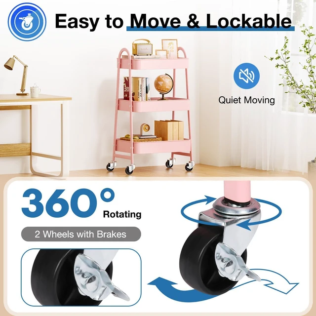 Alt view image 4 of 7 - 3 Tiers Rolling Cart, Utility Cart, Metal, Pink Mobile Storage, Lockable Wheels, Utility Shelving Unit, Kitchen, Bathroom, Laundry, Narrow Places