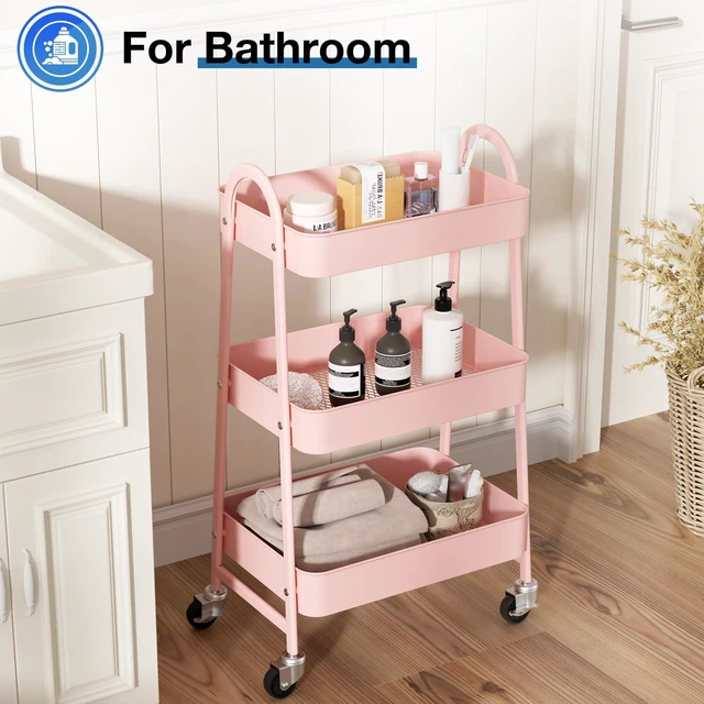 Alt view image 5 of 7 - 3 Tiers Rolling Cart, Utility Cart, Metal, Pink Mobile Storage, Lockable Wheels, Utility Shelving Unit, Kitchen, Bathroom, Laundry, Narrow Places
