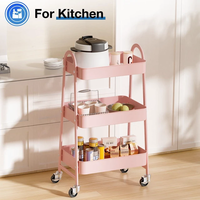 Alt view image 6 of 7 - 3 Tiers Rolling Cart, Utility Cart, Metal, Pink Mobile Storage, Lockable Wheels, Utility Shelving Unit, Kitchen, Bathroom, Laundry, Narrow Places