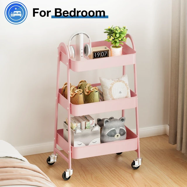 Alt view image 7 of 7 - 3 Tiers Rolling Cart, Utility Cart, Metal, Pink Mobile Storage, Lockable Wheels, Utility Shelving Unit, Kitchen, Bathroom, Laundry, Narrow Places