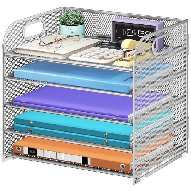 Main image of 5 Tier Paper Organizer with Handle, Silver Metal Mesh Desk Organizer File Folder Paper Letter Tray Desktop Document Sorter for Classroom, School, Office Accessories Organization and Storage