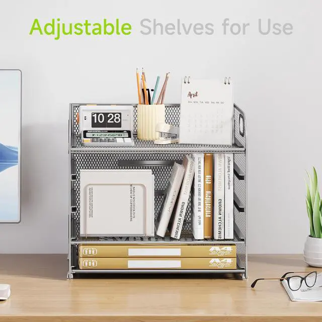 Alt view image 2 of 7 - 5 Tier Paper Organizer with Handle, Silver Metal Mesh Desk Organizer File Folder Paper Letter Tray Desktop Document Sorter for Classroom, School, Office Accessories Organization and Storage