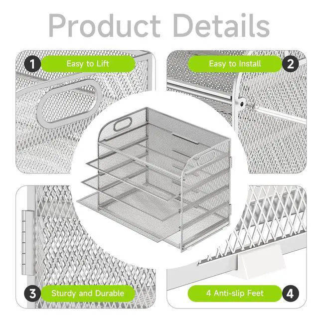 Alt view image 4 of 7 - 5 Tier Paper Organizer with Handle, Silver Metal Mesh Desk Organizer File Folder Paper Letter Tray Desktop Document Sorter for Classroom, School, Office Accessories Organization and Storage