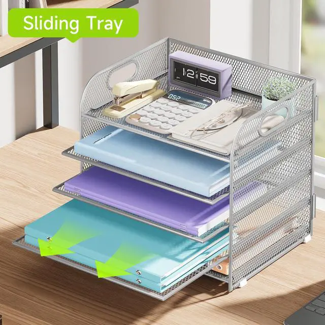Alt view image 3 of 7 - 5 Tier Paper Organizer with Handle, Silver Metal Mesh Desk Organizer File Folder Paper Letter Tray Desktop Document Sorter for Classroom, School, Office Accessories Organization and Storage
